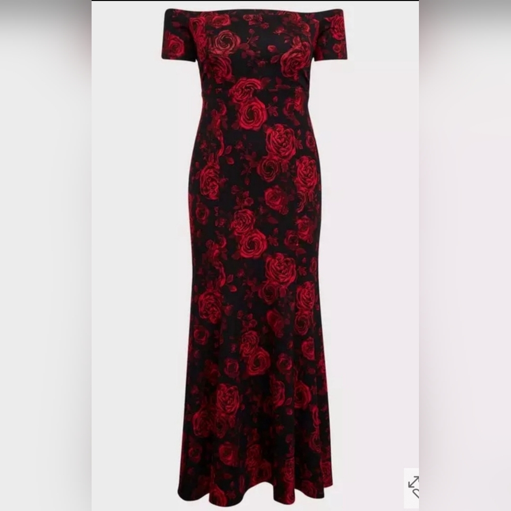 torrid Black Off-Shoulder Maxi Dress with Red Rose Print